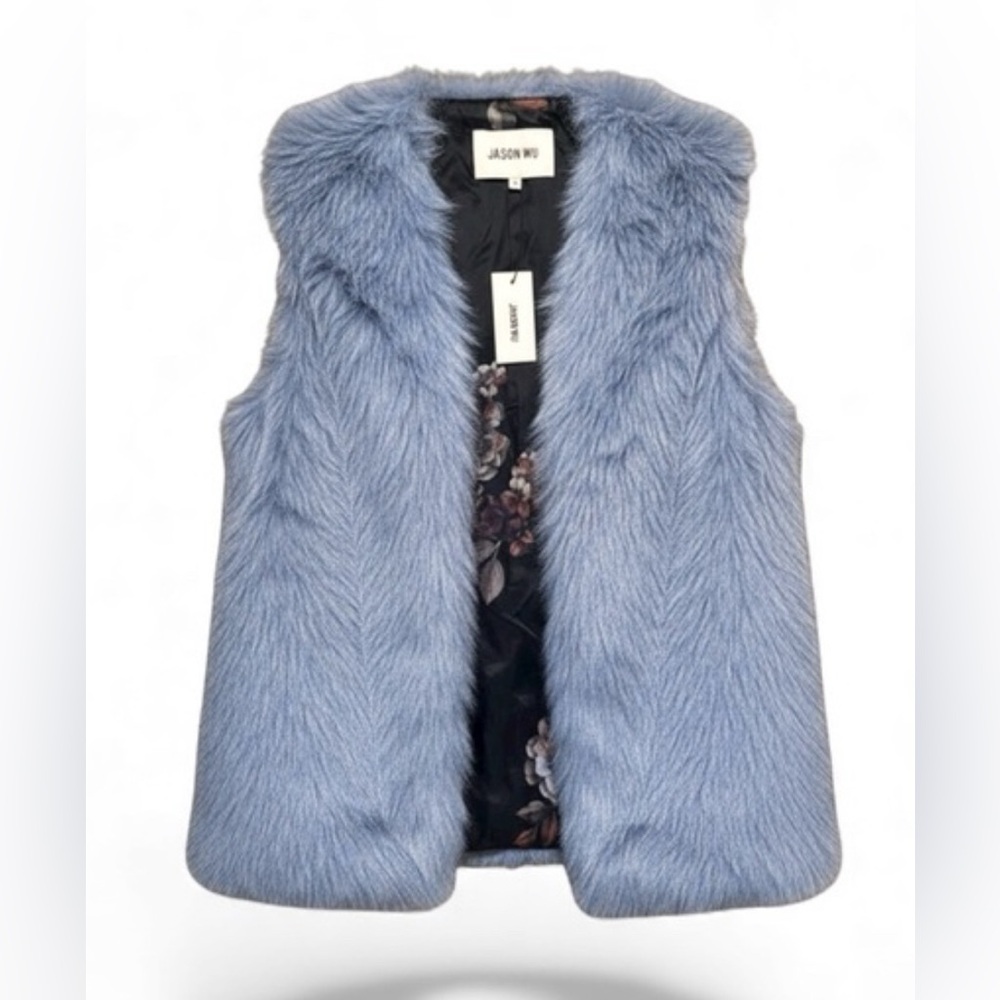 Jason Wu Blue Faux Fur Vest Floral Lined Sleeveless Longline Coat Sz M NEW